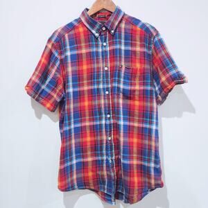 Tommy Hilfiger Mens Linen Red Blue Plaid Custom Fit Button Up Shirt Size Large